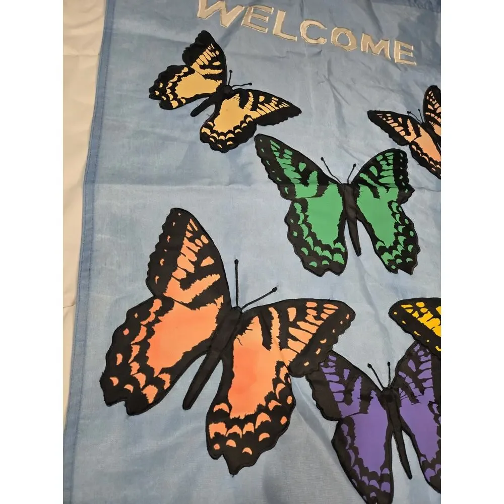 Cottage Garden Butterfly Blue Monarch Vtg XL Greeting Banner Welcome Spring...